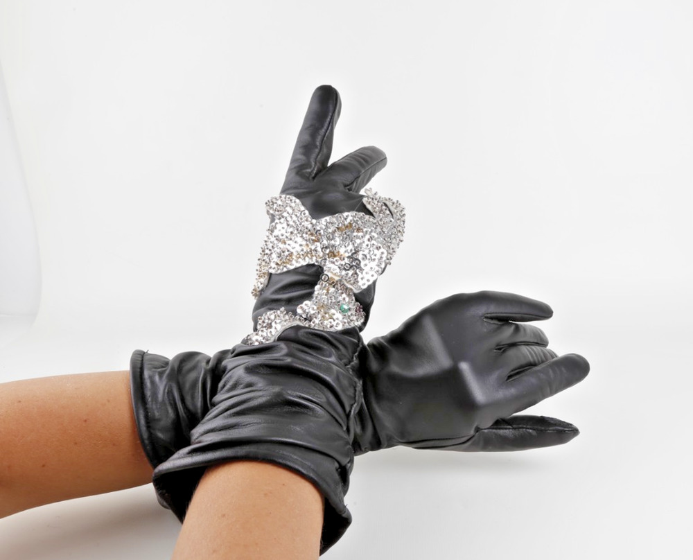 Vintage Black Leather Slouch Gloves Silver Sequin Cashmere Lined Size M / L